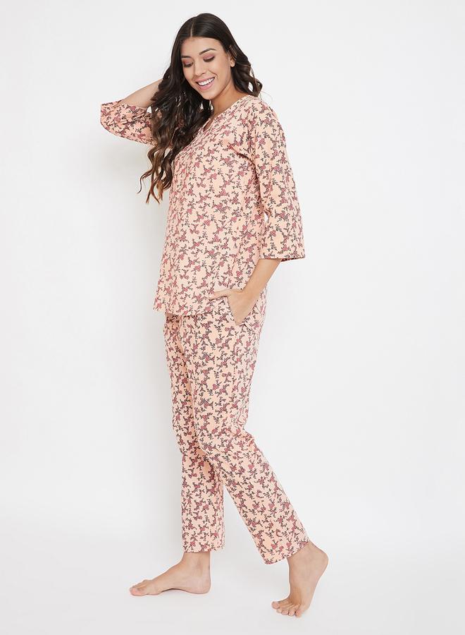 Clovia Floral Print Notch Neck Top and Pyjama Set - Image 2