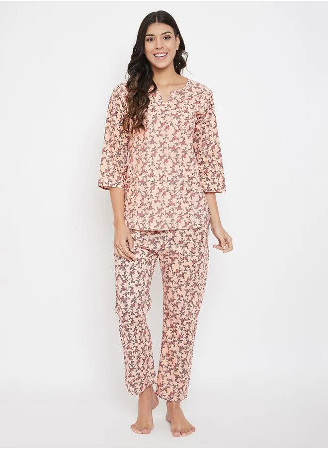 Clovia Clovia Floral Print Notch Neck Top and Pyjama Set