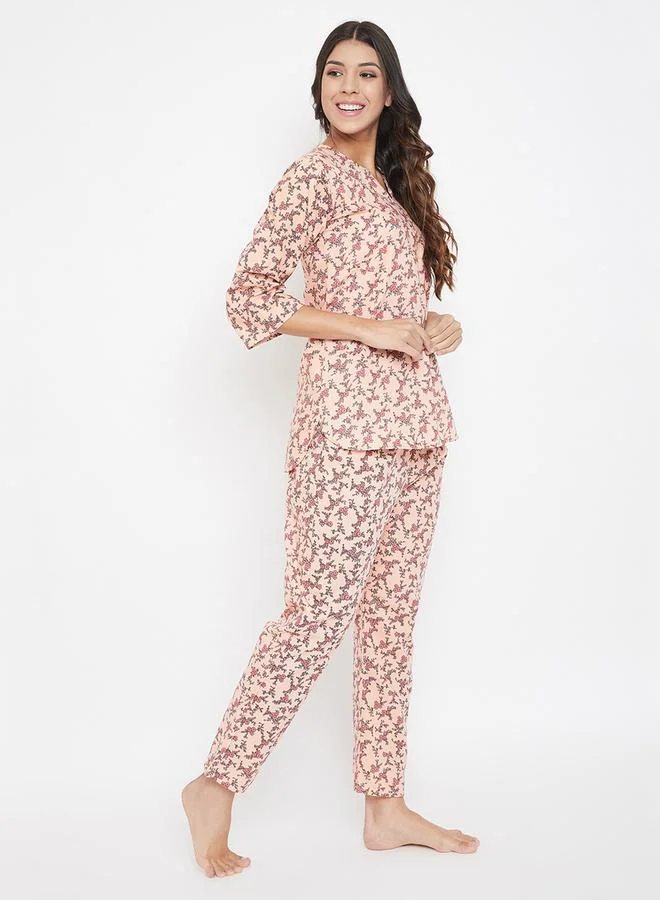 Clovia Clovia Floral Print Notch Neck Top and Pyjama Set