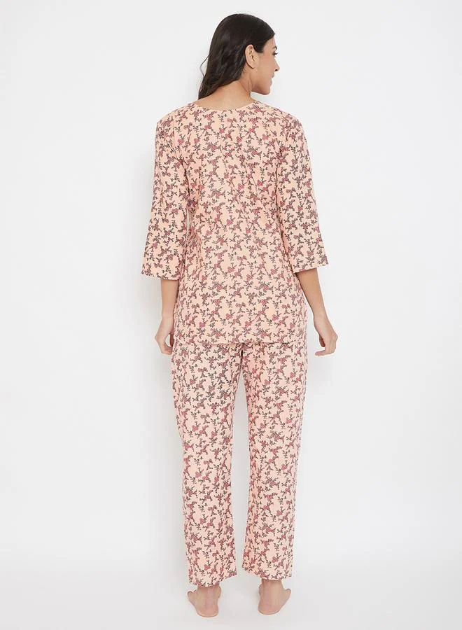 Clovia Clovia Floral Print Notch Neck Top and Pyjama Set