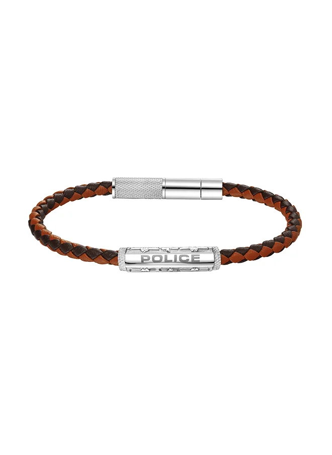 بوليس Police Die-Cut Brown And Tan Bi Colour Leather With Stainless Steel Wing Logo Gents Bracelet - PEAGB0032606