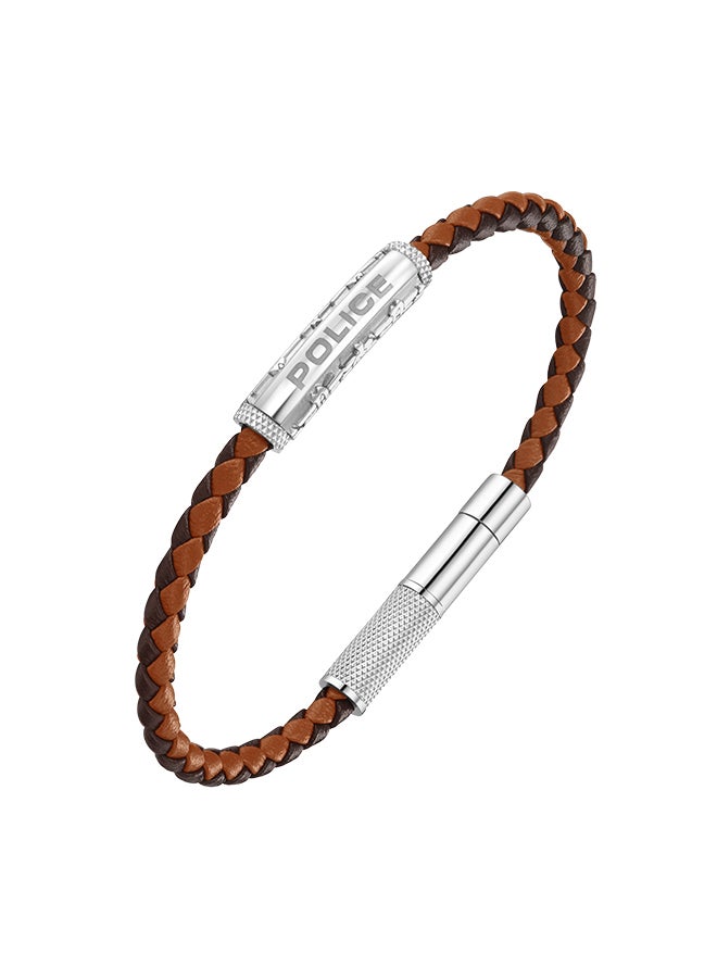 POLICE Die-Cut Brown And Tan Bi Colour Leather With Stainless Steel Wing Logo Gents BraceletPEAGB0032606 - Image 1