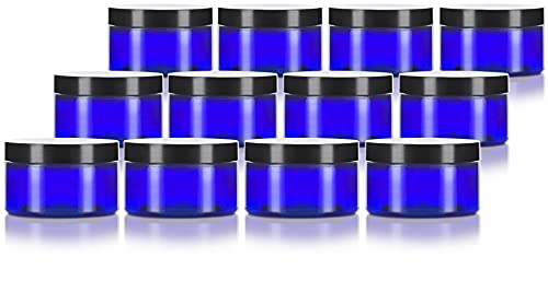 JUVITUS 4 oz Cobalt Blue PET Plastic Low Profile Jar with Black Lids 12 pack Refillable Empty Containers - Image 2