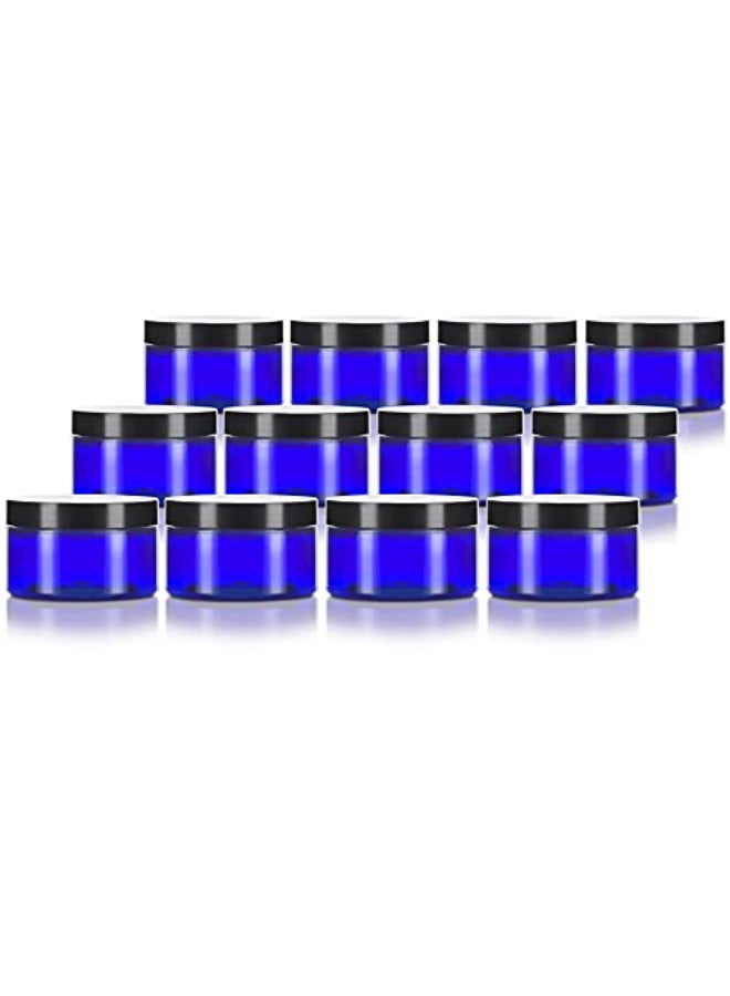 JUVITUS 4 oz Cobalt Blue PET Plastic Low Profile Jar with Black Lids 12 pack Refillable Empty Containers - Image 1