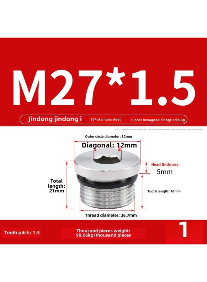 304 Hexagon Socket Plug With ED Ring Stainless Steel Oil Plug Pipe Plug Pipe Plug Oil Pipe Screw Plug 1 Points 2 Points 3 Points 4 Points 6 Points-Specification Model:M27*1.5【1 Piece】 - Image 1