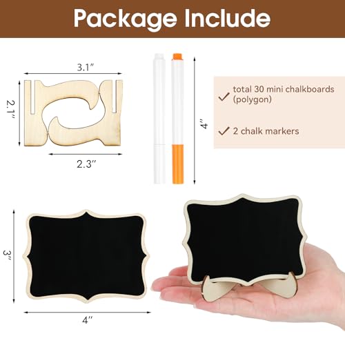 MOWPOG 30 Pack Mini Chalkboard Signs, Food Labels for Party Buffet, Small Wooden Chalk Board Signs with Easel Stand & Markers, Wedding Place Cards for Table Setting or Numbers, Event Decor (Polygonal) - Image 2