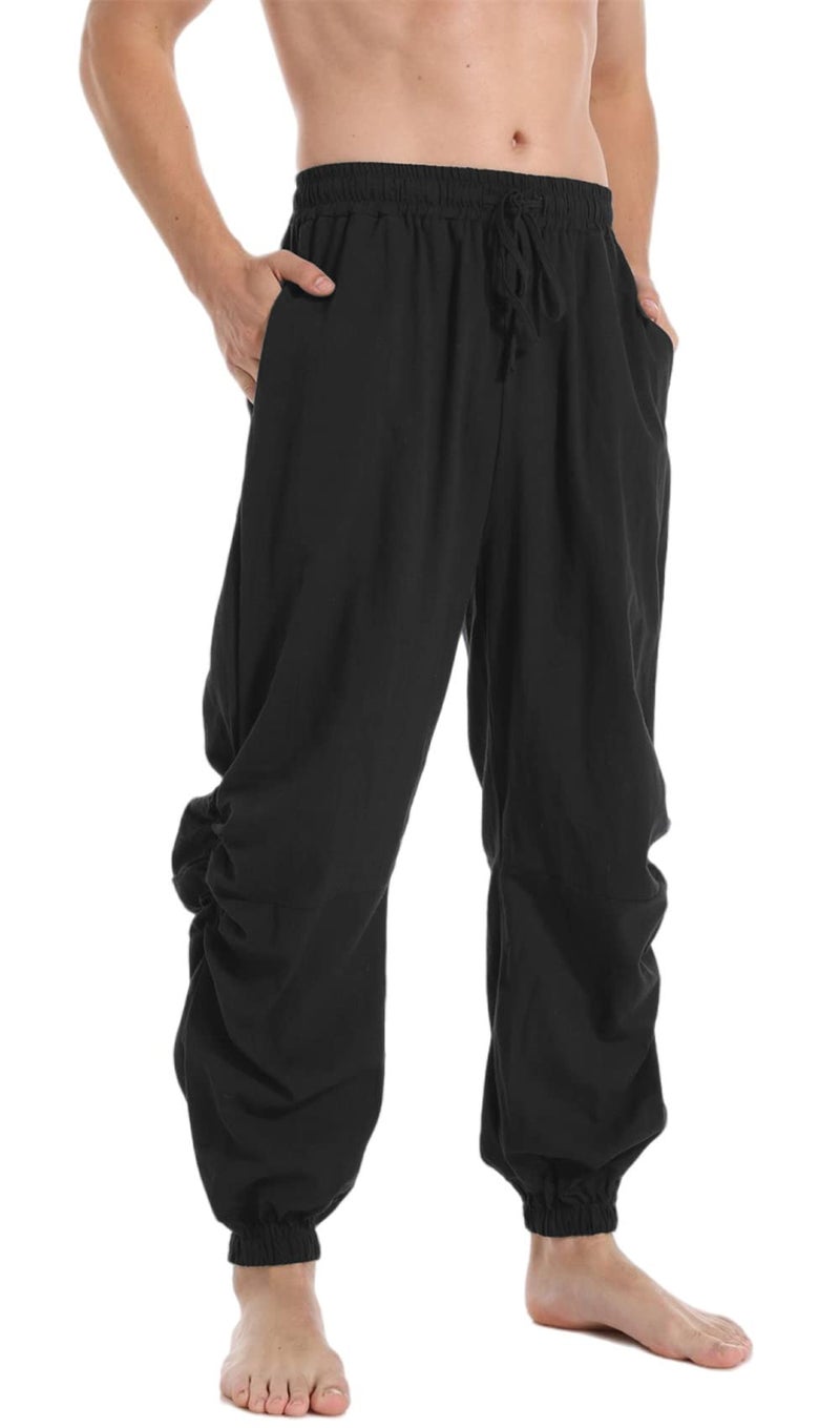 PACEIADTA Mens Cotton Linen Drawstring Pants Elastic Waist Casual Jogger Yoga Pants (40, Black) - Image 1