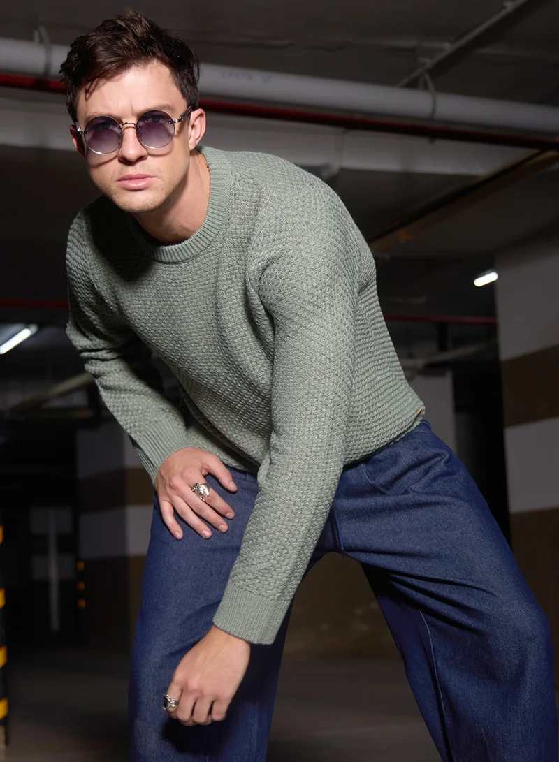 Campus Sutra Men's Sage Green Textured Knit Pullover Sweater