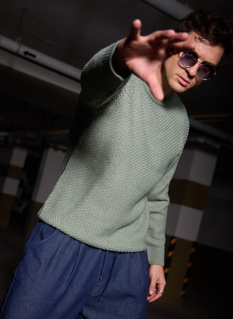 Campus Sutra Men's Sage Green Textured Knit Pullover Sweater
