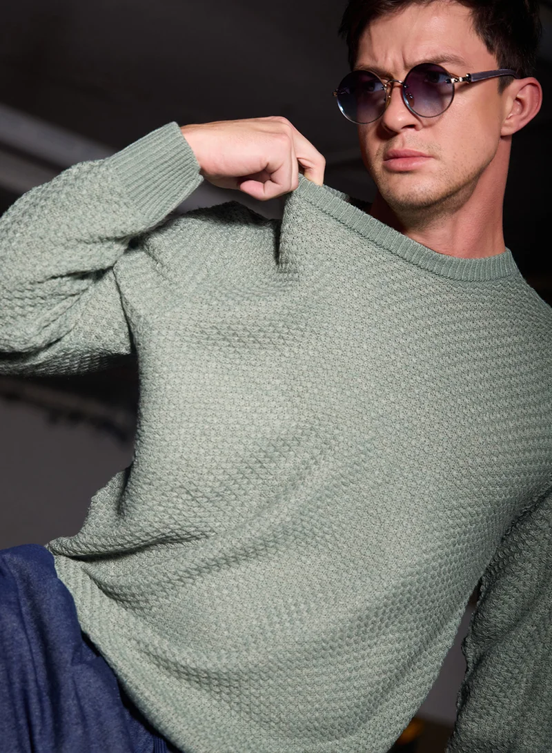 Campus Sutra Men's Sage Green Textured Knit Pullover Sweater