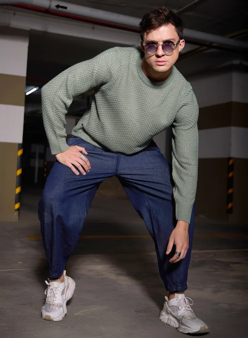 Campus Sutra Men's Sage Green Textured Knit Pullover Sweater