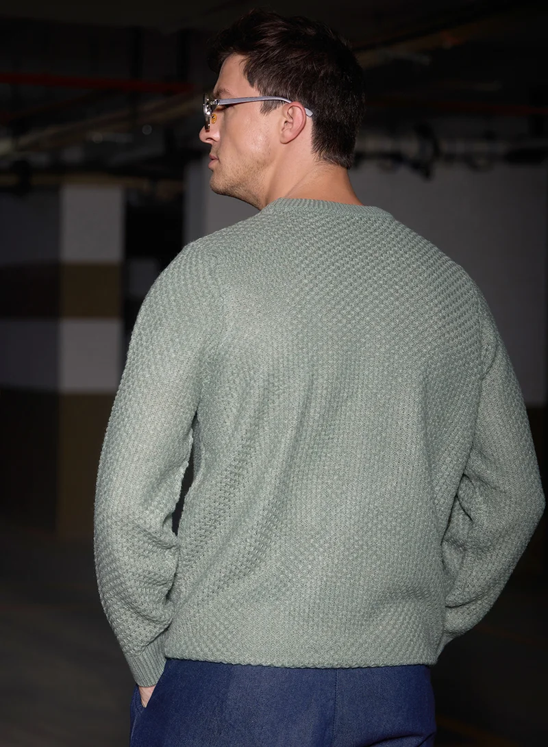 Campus Sutra Men's Sage Green Textured Knit Pullover Sweater