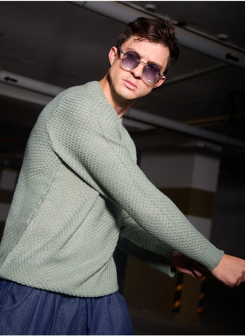 Campus Sutra Men's Sage Green Textured Knit Pullover Sweater