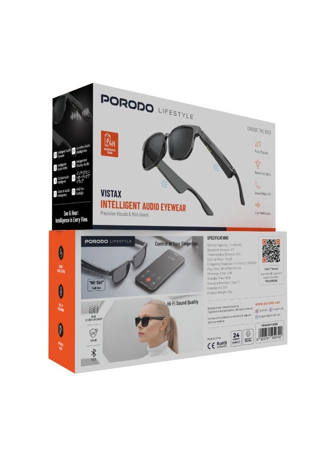 porodo Lifestyle VISTAX Intelligent Audio Eyewear with Dual 90mAh Battery and 4 Hours Working time / Built-In Microphone / Smart Glasses / UV400 Protection / Magnetic Charging - Black - Image 5