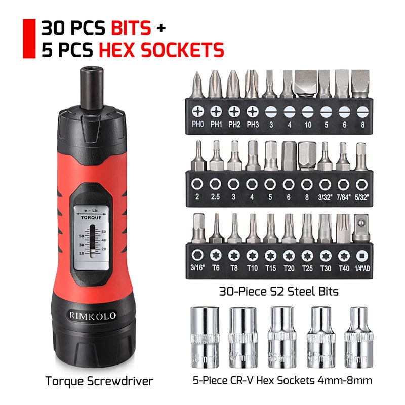 RIMKOLO Torque Screwdriver Wrench Set (10-65 In.lb Â±1) with 29 S2 Alloy Bits & 5 Drive Sockets | 1/4" Socket Adapter for Tools, Bike Repair, Mounting | Includes Portable Case - Image 2