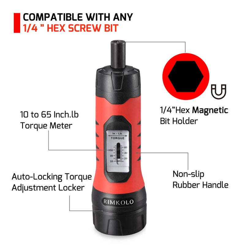 RIMKOLO Torque Screwdriver Wrench Set (10-65 In.lb Â±1) with 29 S2 Alloy Bits & 5 Drive Sockets | 1/4" Socket Adapter for Tools, Bike Repair, Mounting | Includes Portable Case - Image 4