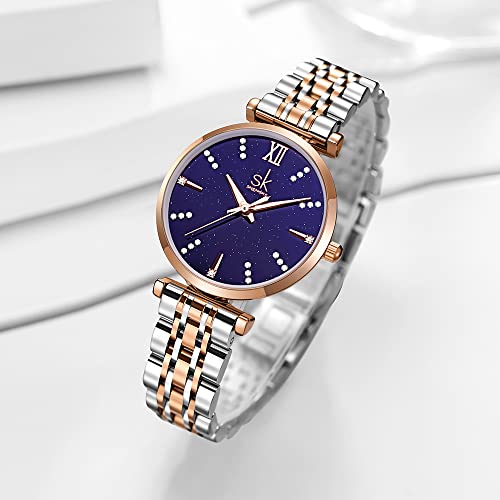 shengke SK Classic Women Watches Fashion Ladies Dress Watch Solid Stainless Steel Band Genuine Leather Strap (Blue-Starry) - Image 2