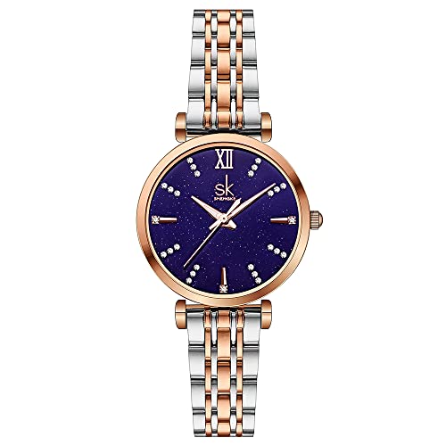 shengke SK Classic Women Watches Fashion Ladies Dress Watch Solid Stainless Steel Band Genuine Leather Strap (Blue-Starry) - Image 1