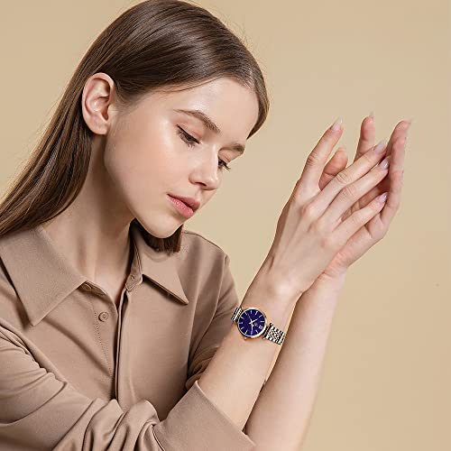 shengke SK Classic Women Watches Fashion Ladies Dress Watch Solid Stainless Steel Band Genuine Leather Strap (Blue-Starry) - Image 5
