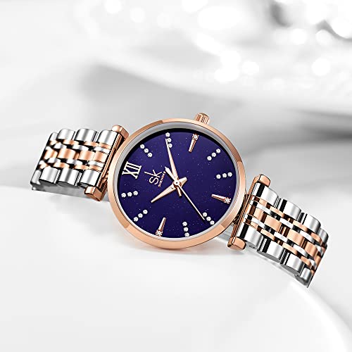shengke SK Classic Women Watches Fashion Ladies Dress Watch Solid Stainless Steel Band Genuine Leather Strap (Blue-Starry) - Image 3