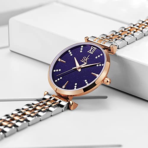 shengke SK Classic Women Watches Fashion Ladies Dress Watch Solid Stainless Steel Band Genuine Leather Strap (Blue-Starry) - Image 4