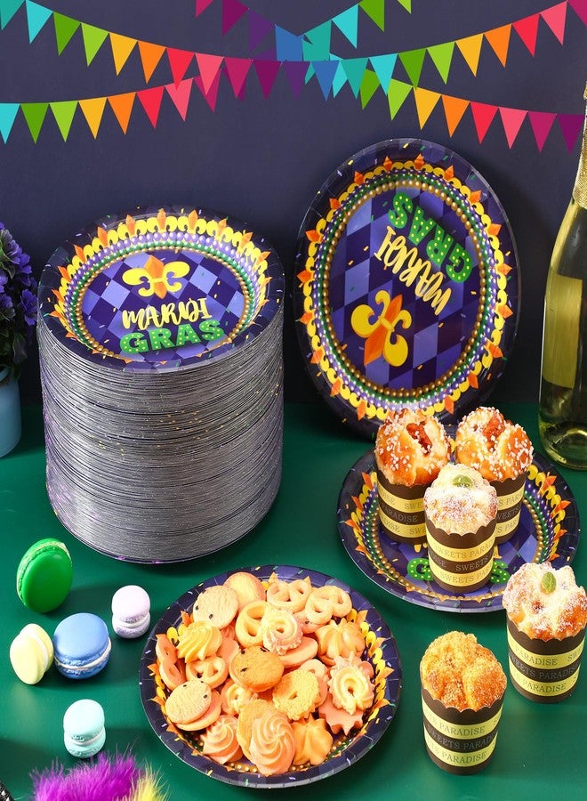 SiliFine 100 Pcs Mardi Gras Paper Plates 9 Inch Carnival Disposable Plates Purple Green Yellow Mardi Gras Party Supplies Decorative Tableware for Masquerade Party Dinner Dessert Supplies - Image 2