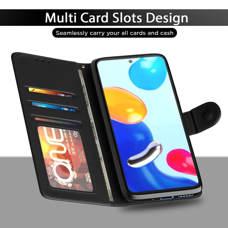 Pikkme Flip Cover Leather Finish | Inside TPU with Card Pockets | Wallet Stand and Shock Proof | Complete Protection Flip Case for Redmi Note 11 / Note 11s(Black) - Image 5