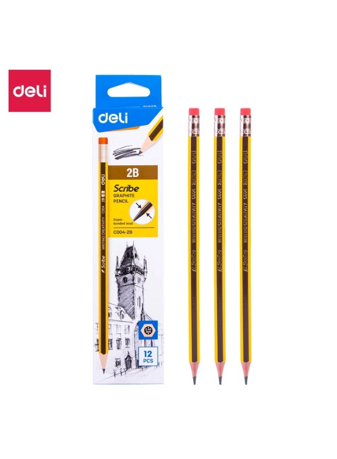 Deli graphite pencil 2.4 mm c004-2b with eraser tip - yellow and black - Image 1
