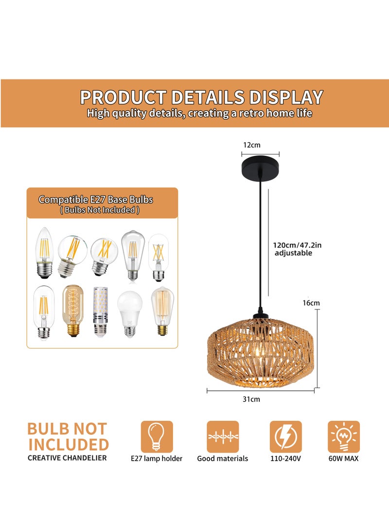 GEADI - Rattan Light Fixtures Ceiling Mount Boho Ceiling Light Fixture With Dimmable Led Bulb Mini Hand Woven Rattan Chandelier Light Fixtures Ceiling For Bedroom Kitchen Entryway Living Room Hallway - Image 1