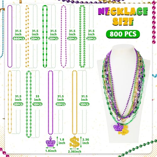 Huskein 800 PCS Mardi Gras Beads Bulk 9 Styles Green Purple Gold Metallic Mardi Gras Beads Accessories Bulk Round Coin Crown Mask Pattern Carnival Beads Necklace for Parade Throws Party Supplies - Image 5