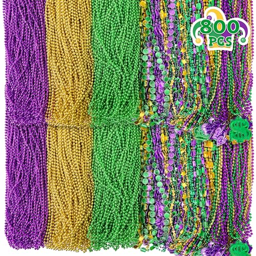 Huskein 800 PCS Mardi Gras Beads Bulk 9 Styles Green Purple Gold Metallic Mardi Gras Beads Accessories Bulk Round Coin Crown Mask Pattern Carnival Beads Necklace for Parade Throws Party Supplies - Image 1