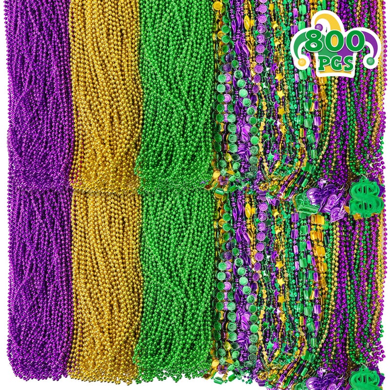Huskein 800 PCS Mardi Gras Beads Bulk 9 Styles Green Purple Gold Metallic Mardi Gras Beads Accessories Bulk Round Coin Crown Mask Pattern Carnival Beads Necklace for Parade Throws Party Supplies - Image 3