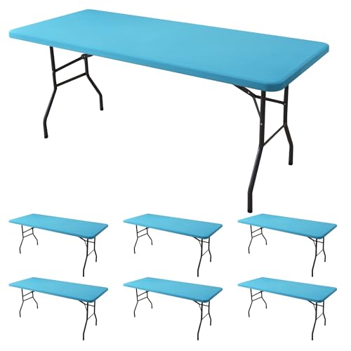 Enjoyidea Spandex Table Cover for 6 Foot Rectangle Tables6 Pack Light Blue Outdoor Picnic Elastic Table CoverSpandex Stretch Folding Table Cloths for Camping Dining Room Patio Kitchen Banquet Party - Image 1