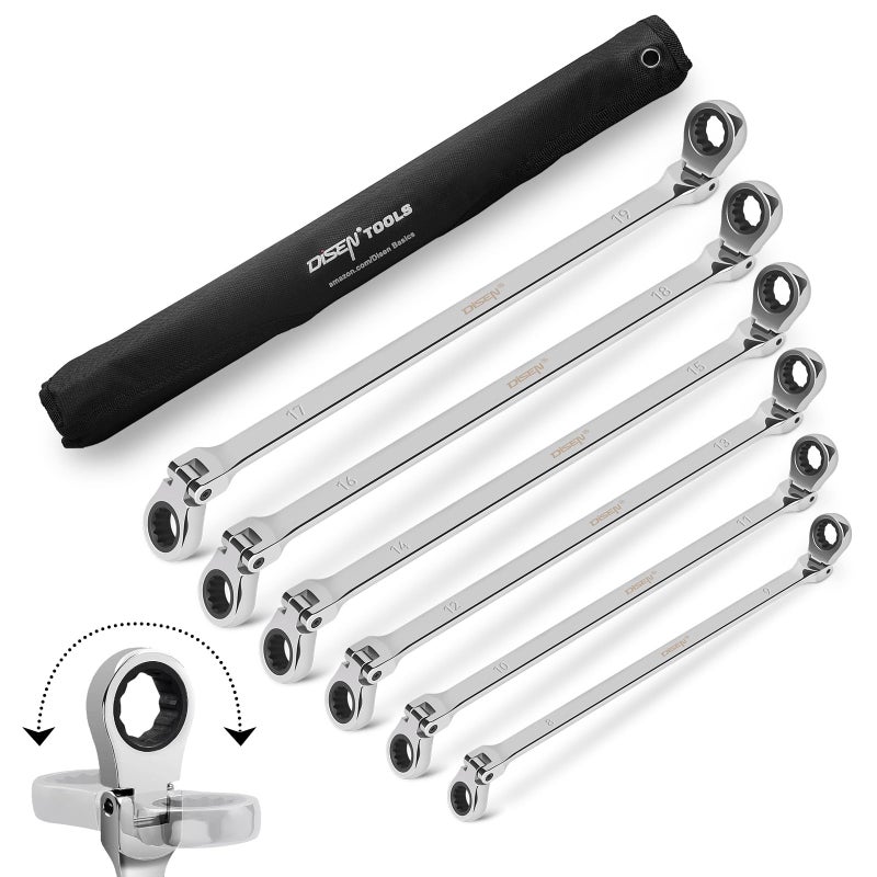DISEN Extra Long Flex Head Ratcheting Wrench set, 6Pcs Double Box End Long Reach Ratchet Wrench Set Metric 8-19mm, CRV Steel, with Pouch, Gifts for Father, Man - Image 1