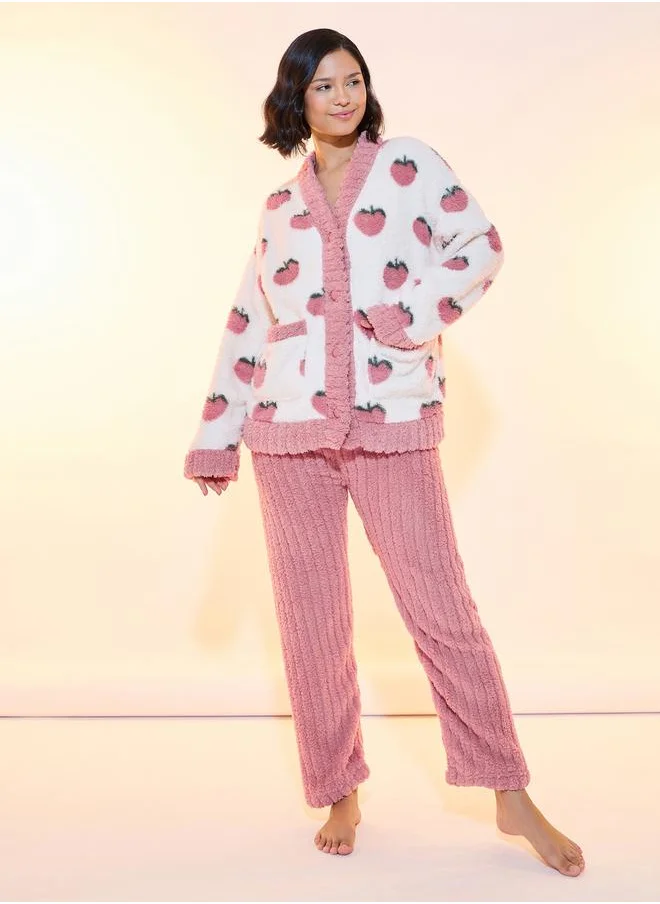 Styli Strawberry Print Teddy Cardigan & Pyjama Set