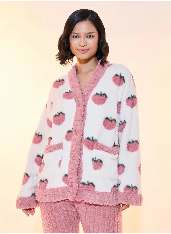 Styli Strawberry Print Teddy Cardigan & Pyjama Set