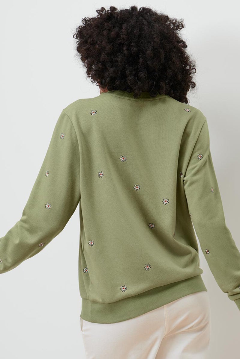Tchibo Women Crew Neck Long Sleeves Embroidered Sweatshirt, Olive  - Image 2