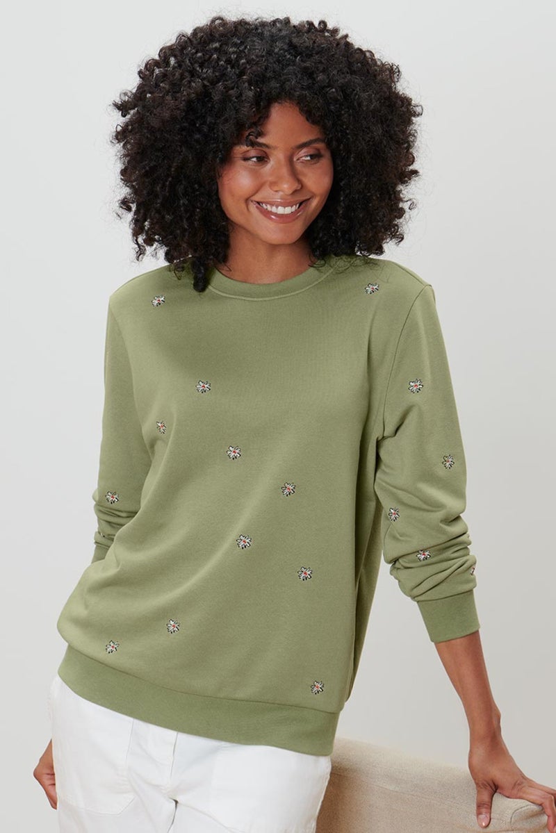 Tchibo Women Crew Neck Long Sleeves Embroidered Sweatshirt, Olive  - Image 1