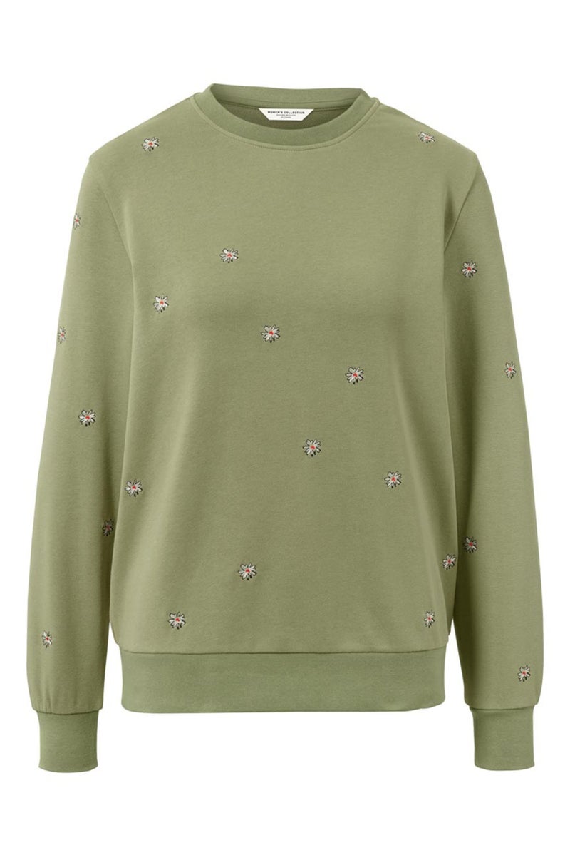 Tchibo Women Crew Neck Long Sleeves Embroidered Sweatshirt, Olive  - Image 3