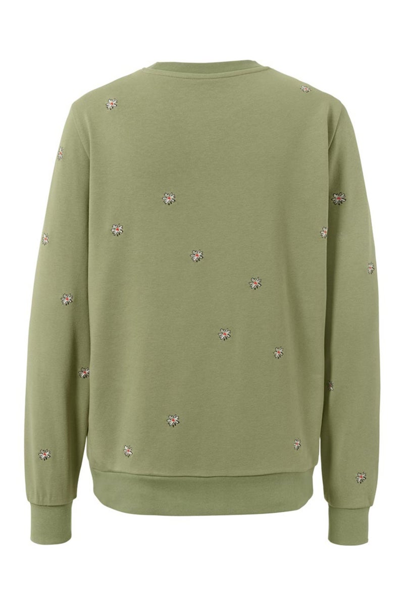 Tchibo Women Crew Neck Long Sleeves Embroidered Sweatshirt, Olive  - Image 4