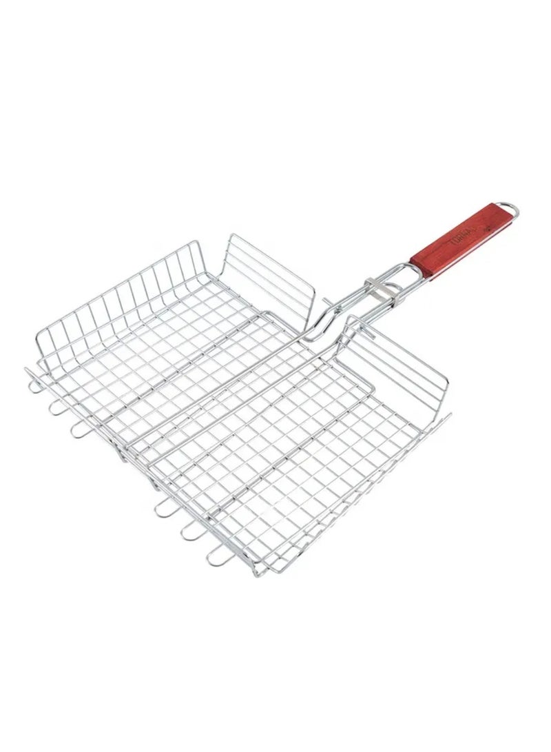 Yuwell Portable Grill Stainless Steel Grill Barbeque Grill Net With Wooden Handle For Grilling Meat Grill Chicken Fish Grill Veggies Paneer BBQ Grill Net - Image 1