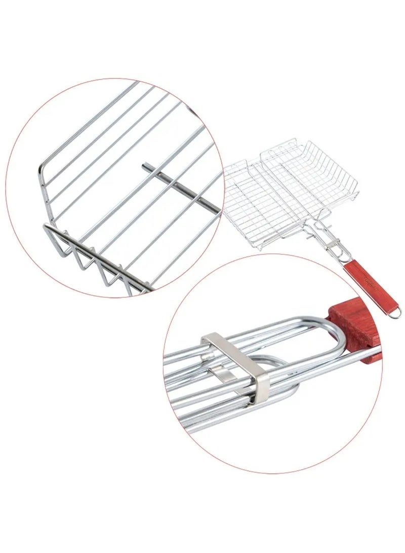 Yuwell Portable Grill Stainless Steel Grill Barbeque Grill Net With Wooden Handle For Grilling Meat Grill Chicken Fish Grill Veggies Paneer BBQ Grill Net - Image 4