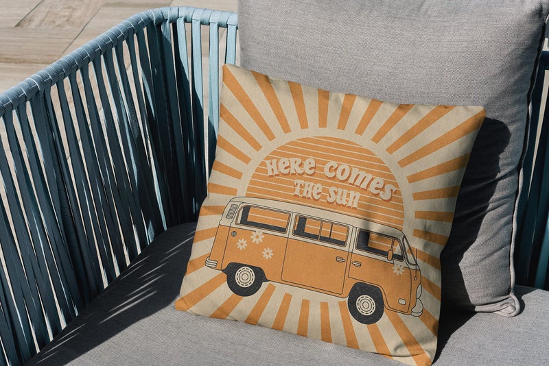 OFlich Sun Pillow - Here Comes The Sun Cushion Cover 18x18, Retro Throw Pillows, Hippies Orange Sunshine Decorative Cover for Home - Image 3