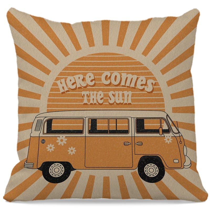 OFlich Sun Pillow - Here Comes The Sun Cushion Cover 18x18, Retro Throw Pillows, Hippies Orange Sunshine Decorative Cover for Home - Image 1