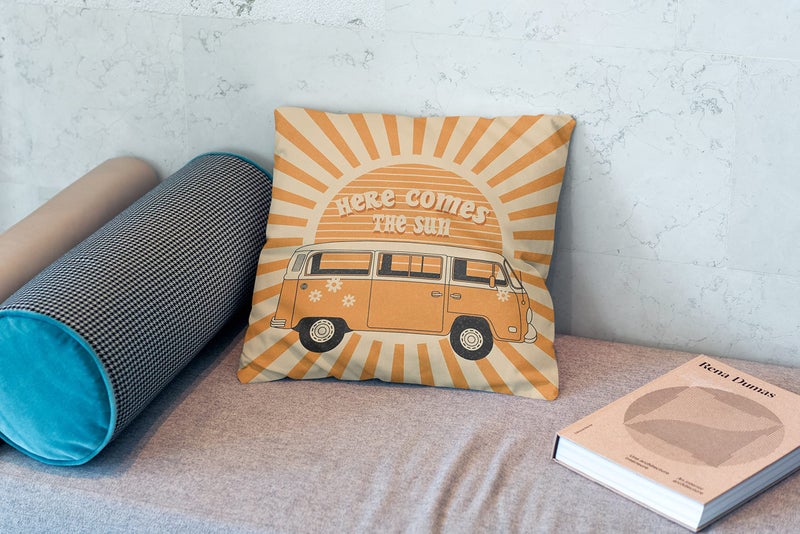 OFlich Sun Pillow - Here Comes The Sun Cushion Cover 18x18, Retro Throw Pillows, Hippies Orange Sunshine Decorative Cover for Home - Image 2