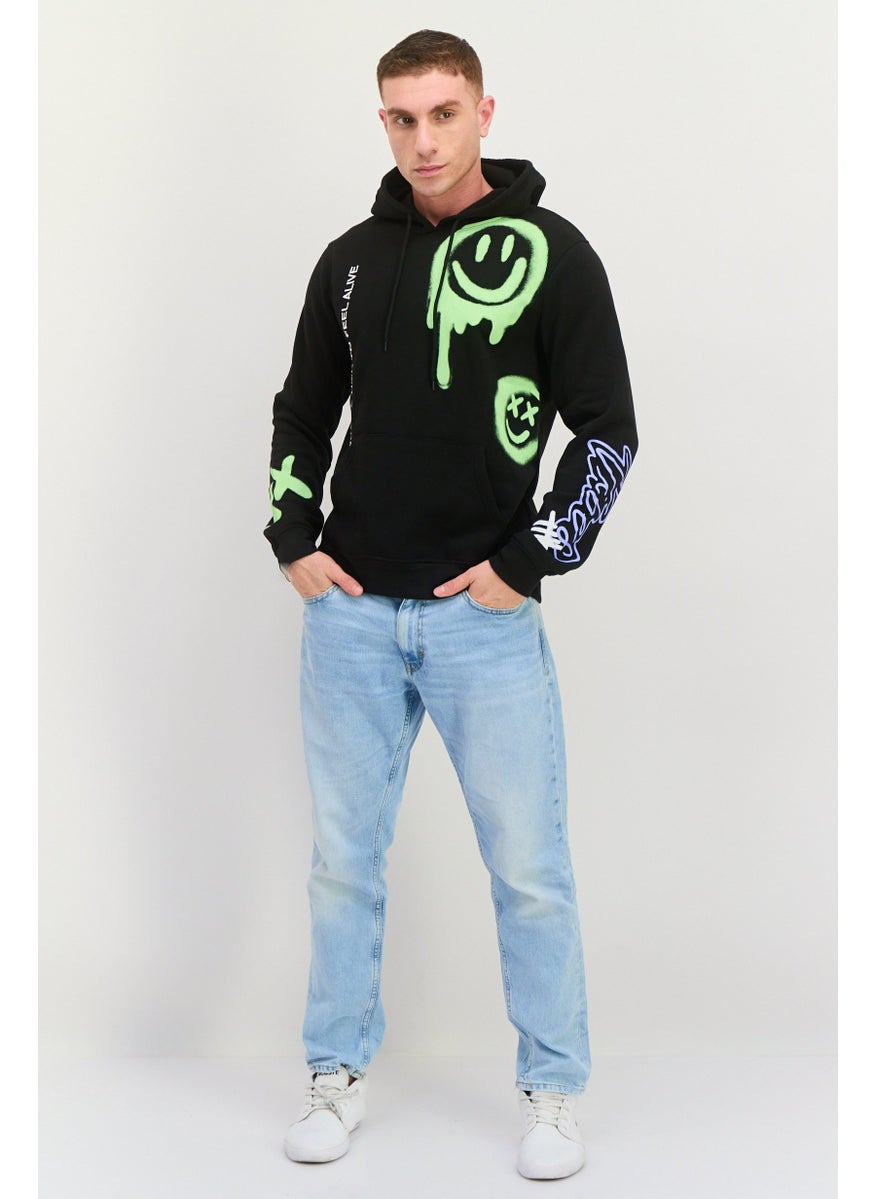 Rue 21 - Men Hooded Graphic Print Long Sleeves Sweatshirt, Black Combo - Image 1