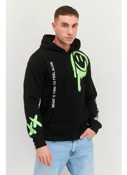 Men Hooded Graphic Print Long Sleeves Sweatshirt, Black Combo