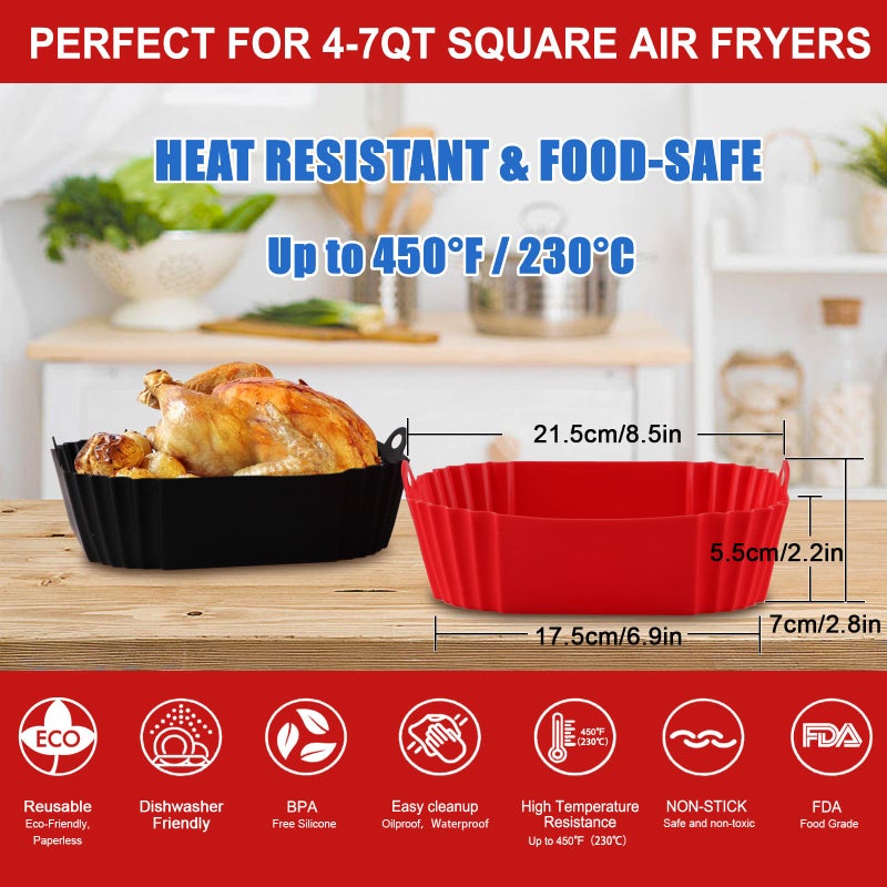 Apluskis 2-Pack Square Silicone Air Fryer Liners Pot, 8-Inch Reusable Inserts for 4â€“7QT Air Fryers, Food-Safe Oven Accessories - Image 3