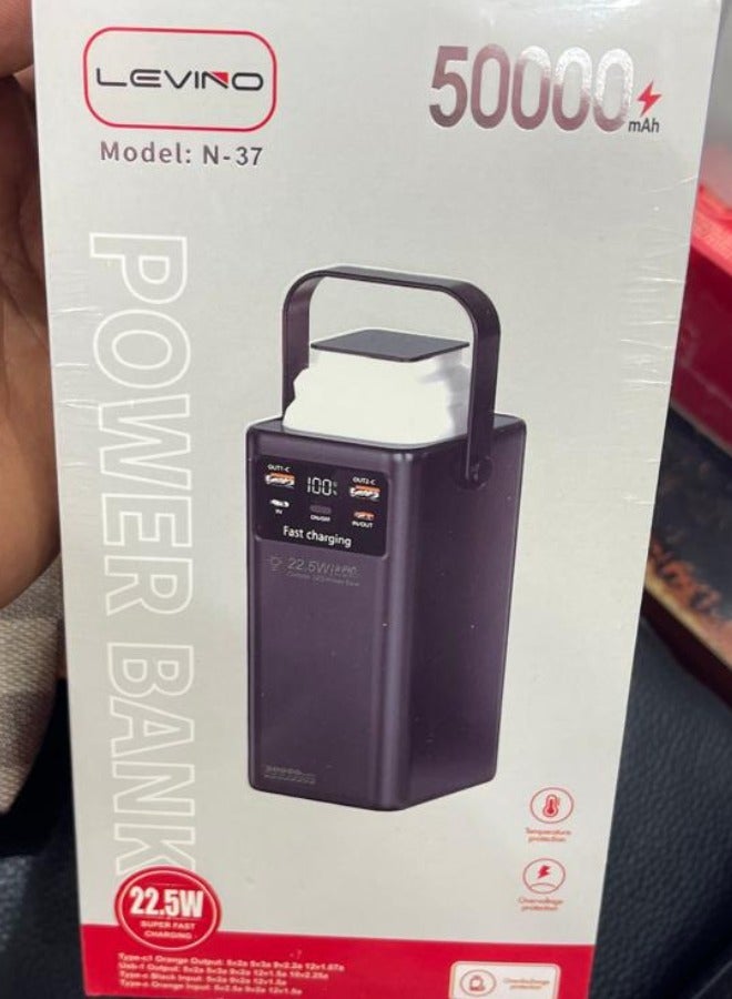 LEVINO 50,000mAh PD Power Bank with LED Display, 22.5W Fast Charging, 4 Built-in Cables & Camping Lamp – Black - Image 4