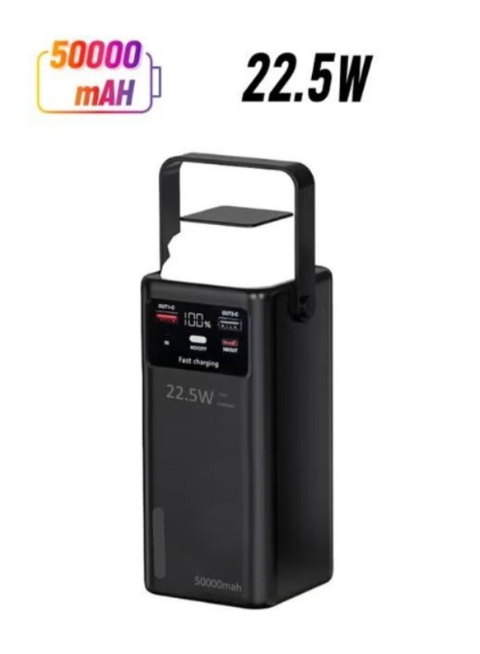 LEVINO 50,000mAh PD Power Bank with LED Display, 22.5W Fast Charging, 4 Built-in Cables & Camping Lamp – Black - Image 1